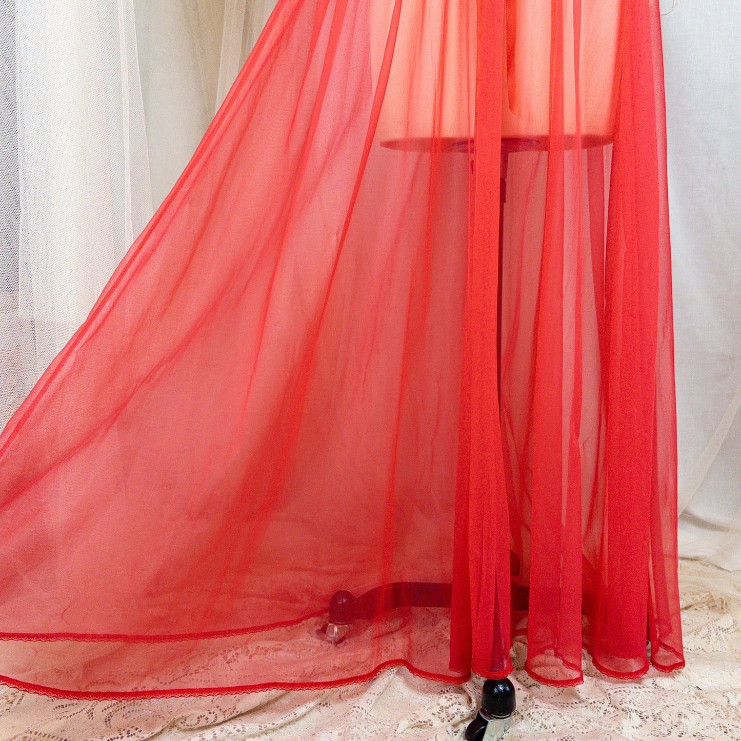 1960s Peignoir Robe - Sheer Rose Red Nylon Chiffon with Puffed Sleeves & Ribbon Bow Detail - Daggers & Dames