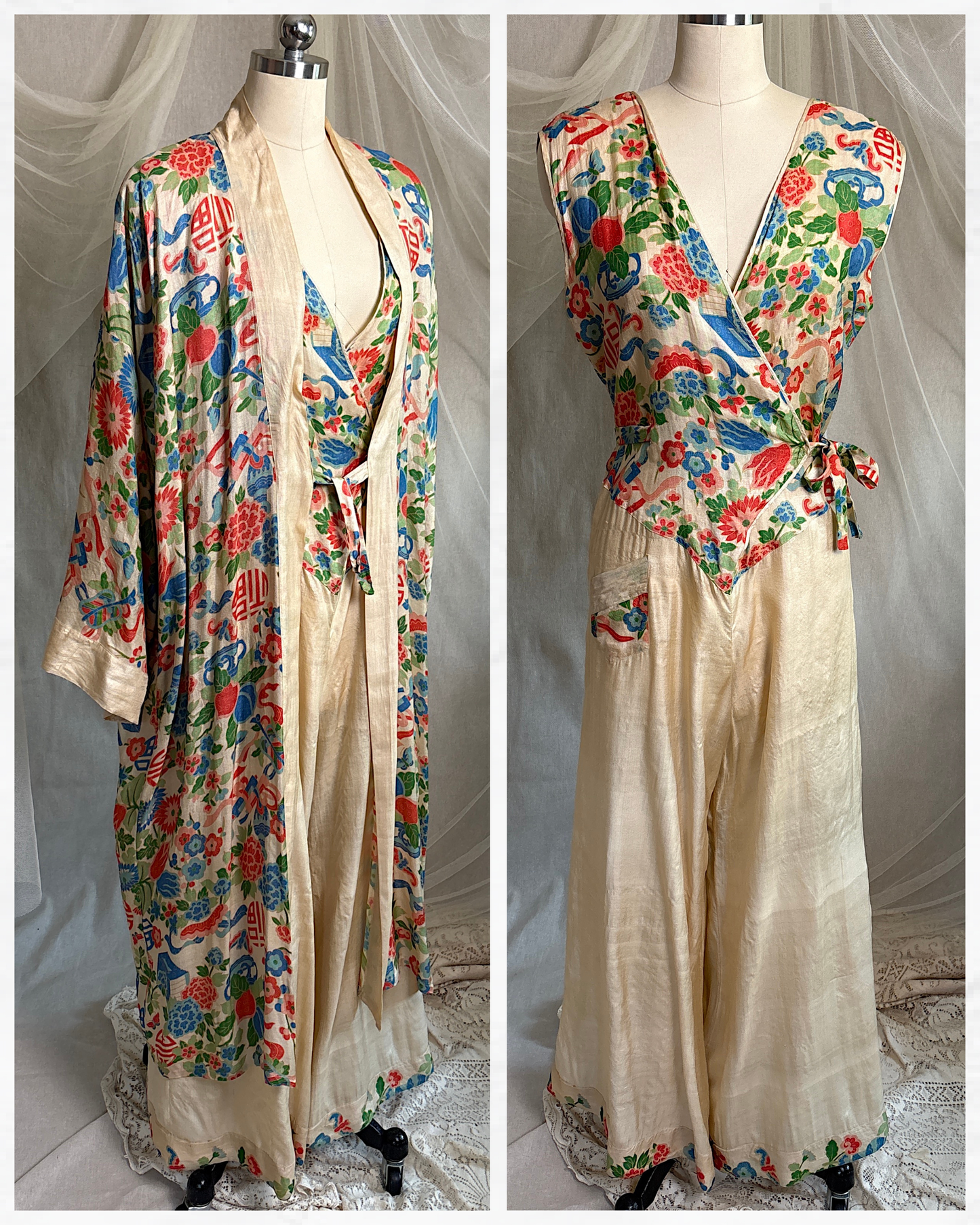 Antique 1920's Jumpsuit & Robe Lounge Set - Raw Pongee Silk with Jewel Tone Print, Made in Japan | S, M, LG