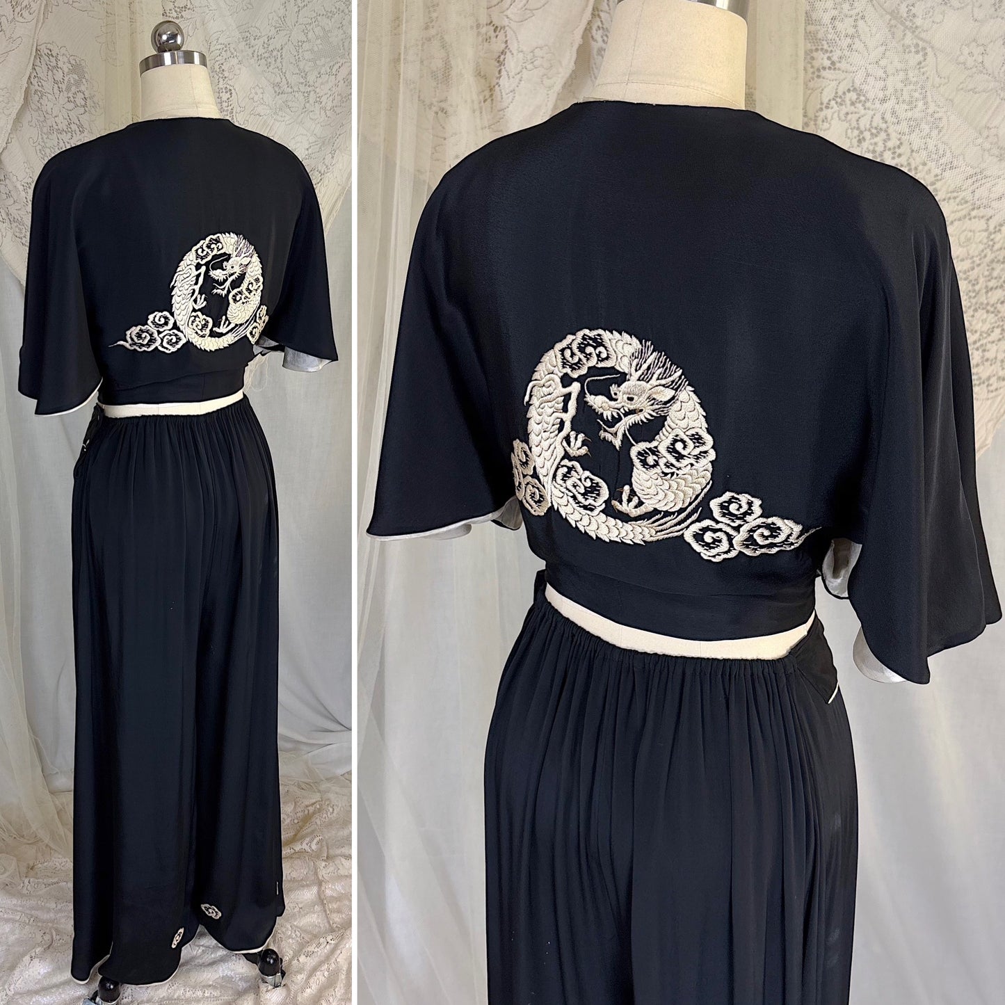 Antique 1920's Black & White Kimono Silk Lounge Set with Dragon Embroidery, size S, M