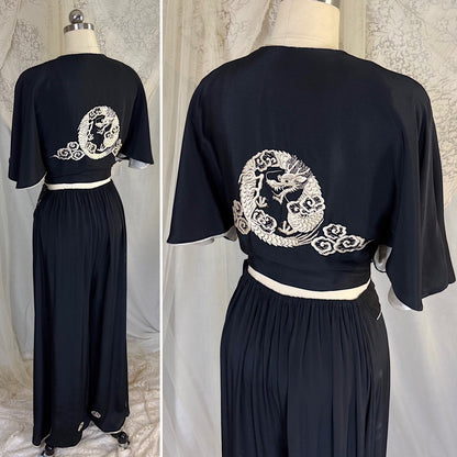 Antique 1920's Black & White Kimono Silk Lounge Set with Dragon Embroidery, size S, M