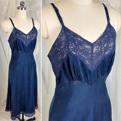 Vintage 1930's-1940's Deep Indigo blue Silk Satin Slip with Cotton Lace by Fischer's Heavenly, Size S, M