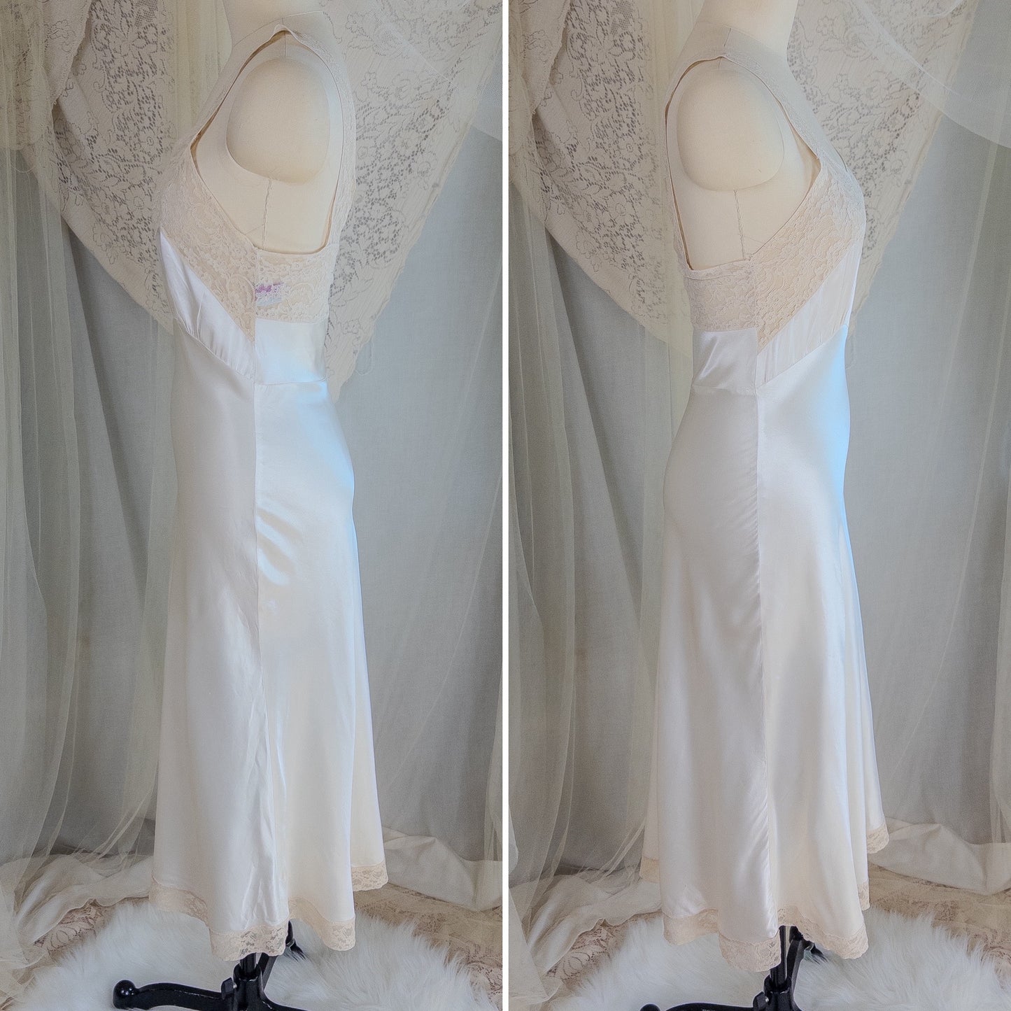 1940's Slip - Pearly White Rayon Satin with Ivory Cotton Lace by Fischer Heavenly Lingerie | XS