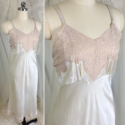 Vintage 1940's Golden Taupe Silk Satin Slip with Cotton Lace by Lady Lynn, Size M, LG