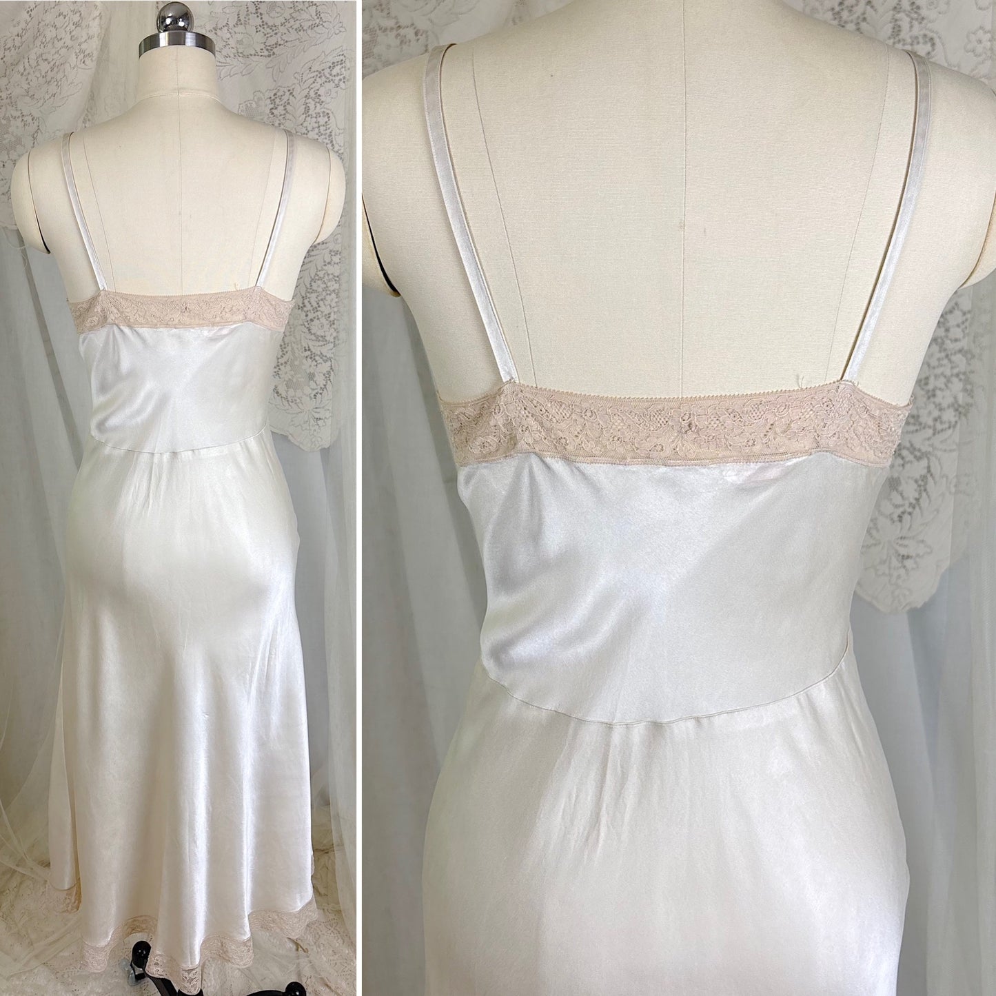 Vintage 1940's Golden Taupe Silk Satin Slip with Cotton Lace by Lady Lynn, Size M, LG