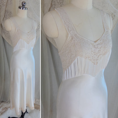 1940's Slip - Pearly White Rayon Satin with Ivory Cotton Lace by Fischer Heavenly Lingerie | XS