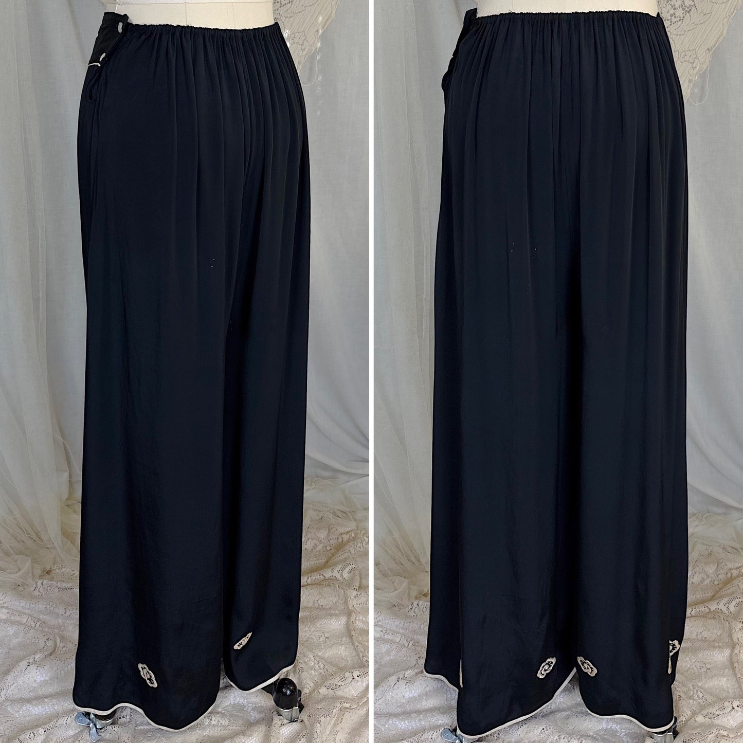 Antique 1920's Black & White Kimono Silk Lounge Set with Dragon Embroidery, size S, M