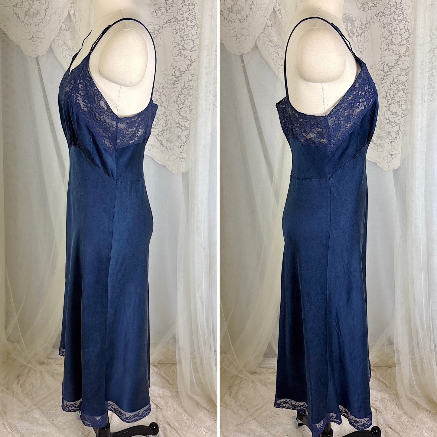 Vintage 1930's-1940's Deep Indigo blue Silk Satin Slip with Cotton Lace by Fischer's Heavenly, Size S, M