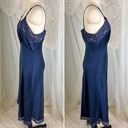 Vintage 1930's-1940's Deep Indigo blue Silk Satin Slip with Cotton Lace by Fischer's Heavenly, Size S, M
