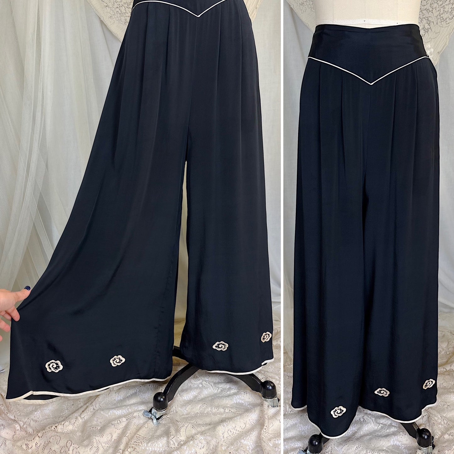 Antique 1920's Black & White Kimono Silk Lounge Set with Dragon Embroidery, size S, M