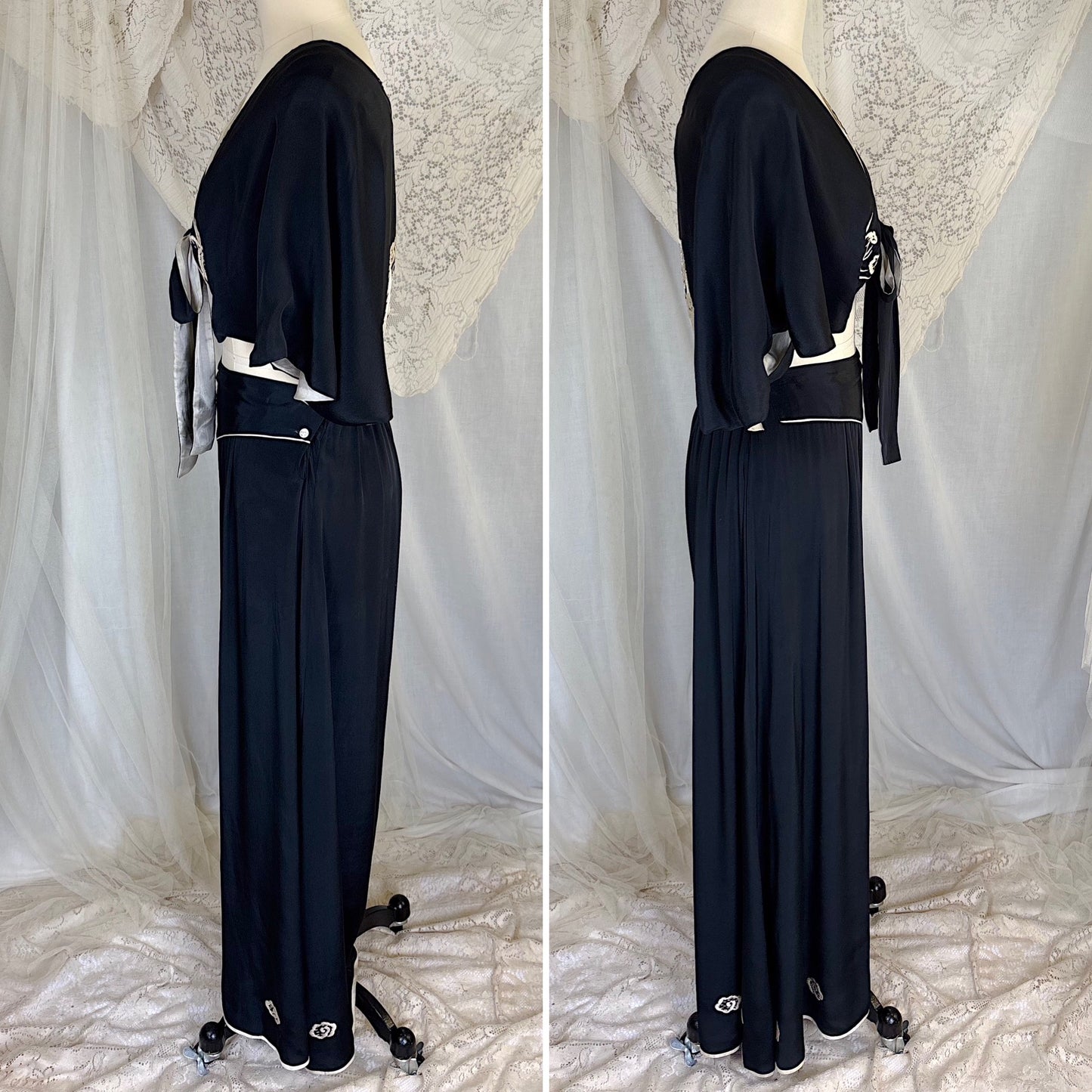 Antique 1920's Black & White Kimono Silk Lounge Set with Dragon Embroidery, size S, M