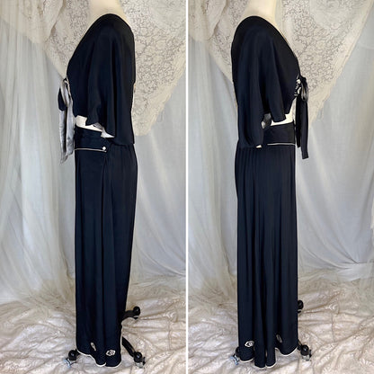 Antique 1920's Black & White Kimono Silk Lounge Set with Dragon Embroidery, size S, M