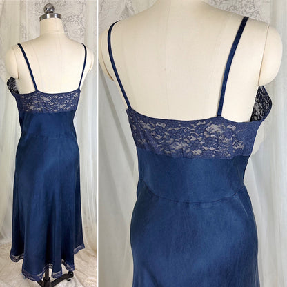 Vintage 1930's-1940's Deep Indigo blue Silk Satin Slip with Cotton Lace by Fischer's Heavenly, Size S, M