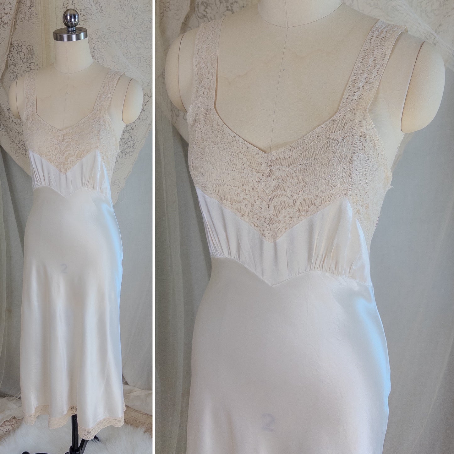 1940's Slip - Pearly White Rayon Satin with Ivory Cotton Lace by Fischer Heavenly Lingerie | XS