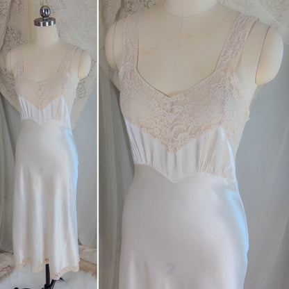1940's Slip - Pearly White Rayon Satin with Ivory Cotton Lace by Fischer Heavenly Lingerie | XS