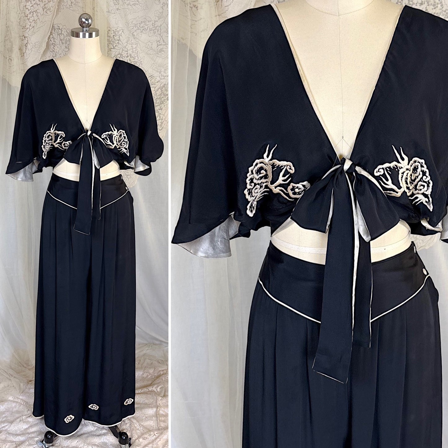 Antique 1920's Black & White Kimono Silk Lounge Set with Dragon Embroidery, size S, M