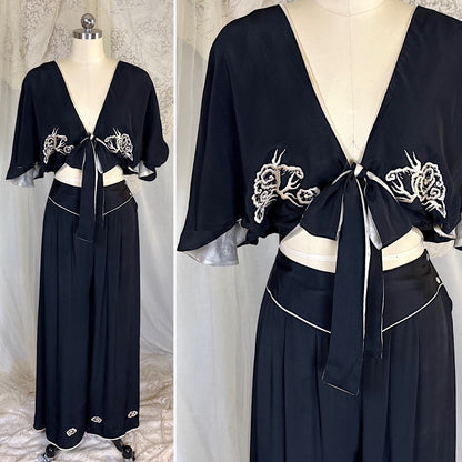 Antique 1920's Black & White Kimono Silk Lounge Set with Dragon Embroidery, size S, M