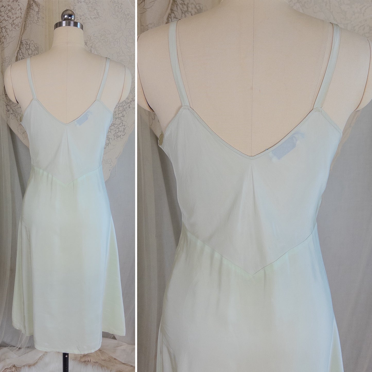 1940's Slip - Mint Green Cold Rayon with Bow Embroidery by Corette | Small, Medium