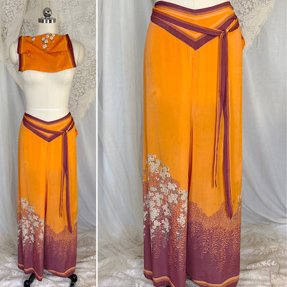 Antique 1920's Orange & Burgundy Silk Japanese Kimono Style Palazzo Lounge Pants with Matching Satchel, size S, M