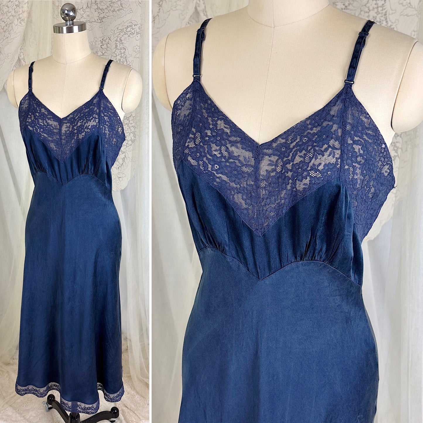 Vintage 1930's-1940's Deep Indigo blue Silk Satin Slip with Cotton Lace by Fischer's Heavenly, Size S, M