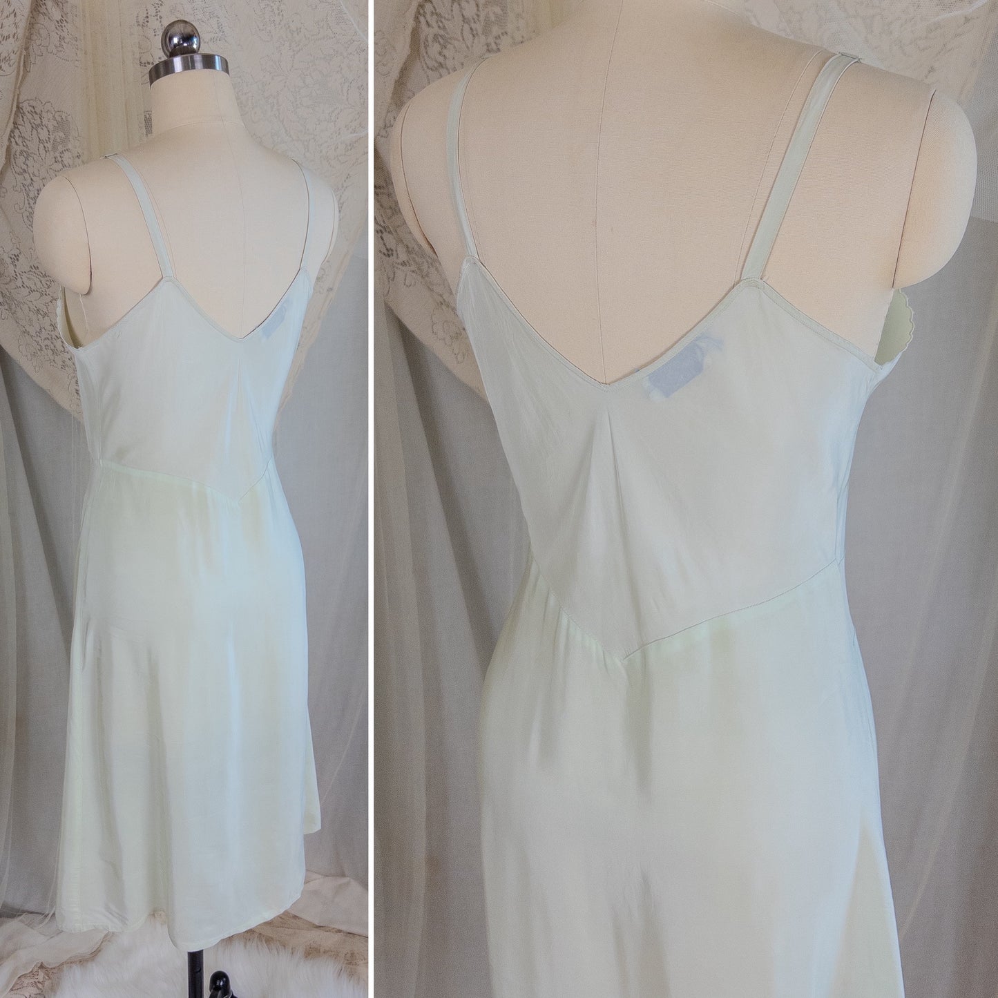 1940's Slip - Mint Green Cold Rayon with Bow Embroidery by Corette | Small, Medium