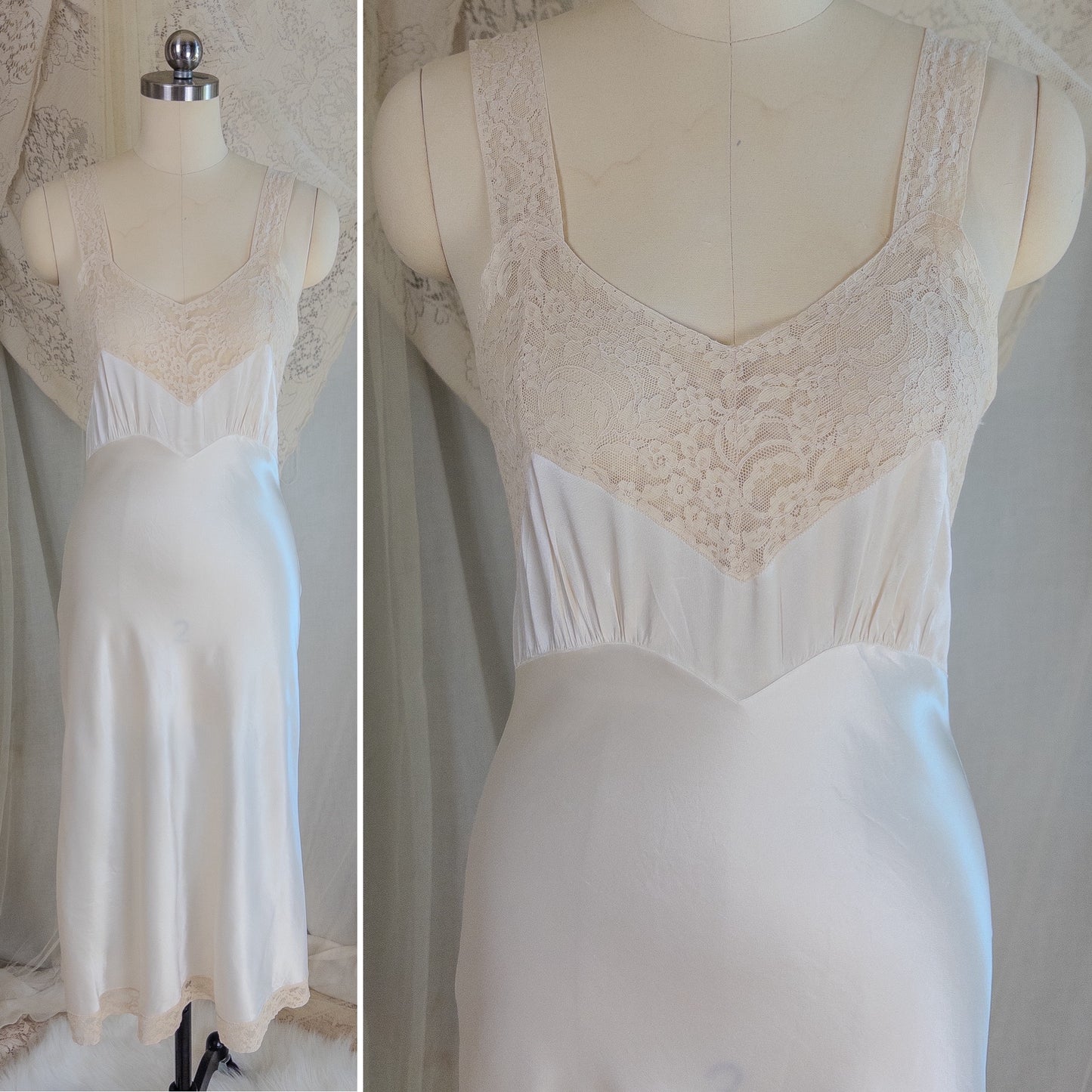 1940's Slip - Pearly White Rayon Satin with Ivory Cotton Lace by Fischer Heavenly Lingerie | XS
