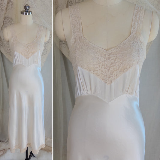 1940's Slip - Pearly White Rayon Satin with Ivory Cotton Lace by Fischer Heavenly Lingerie | XS