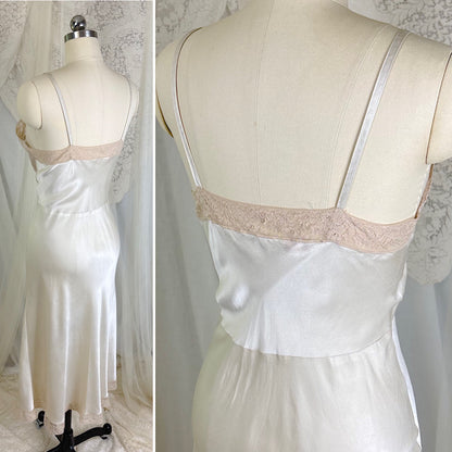 Vintage 1940's Golden Taupe Silk Satin Slip with Cotton Lace by Lady Lynn, Size M, LG