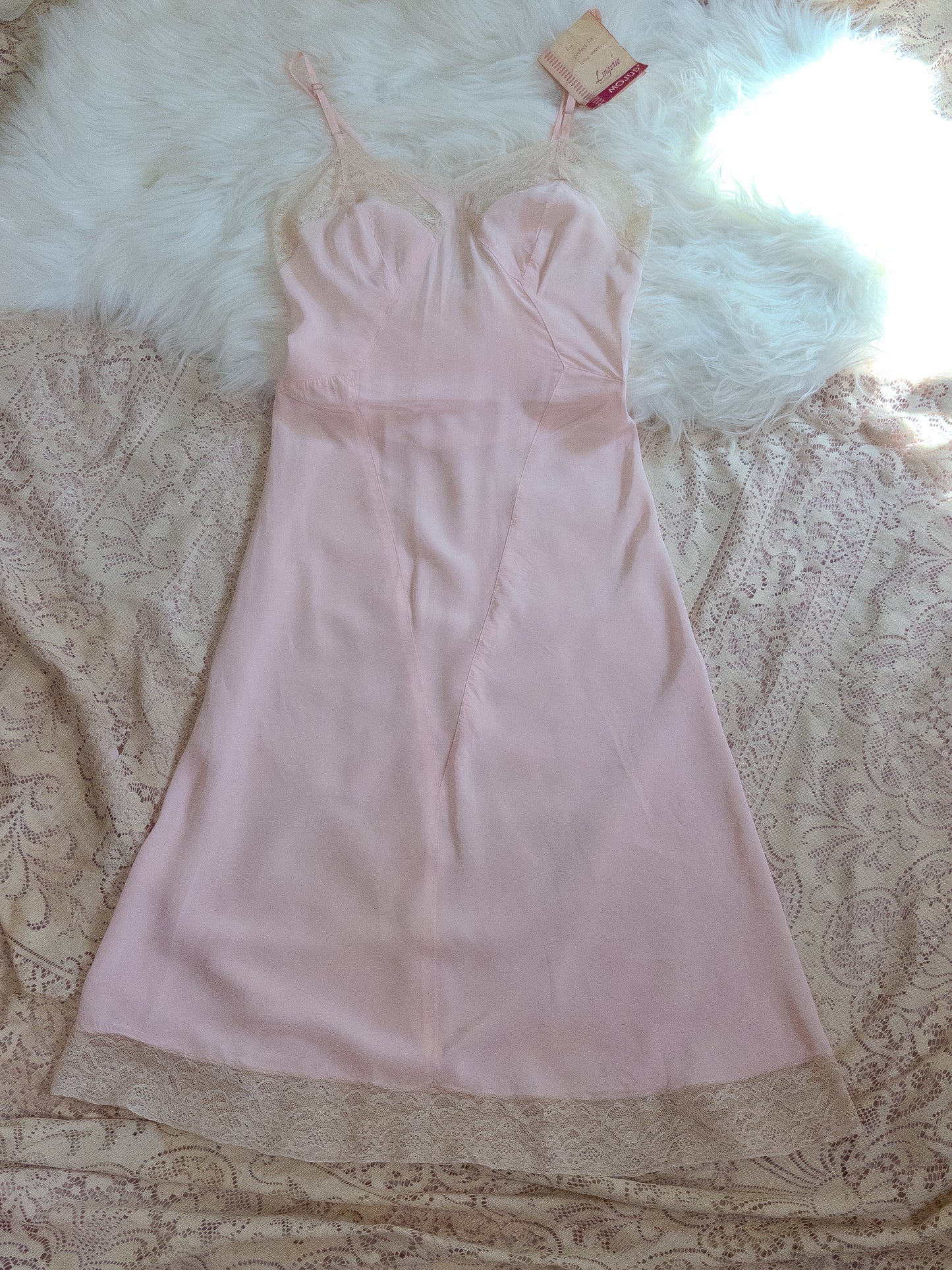 1940's Slip - Rose Pink Rayon with Diamond Insert & Nude Lace by Mojud, New with Tags | XXS, XS