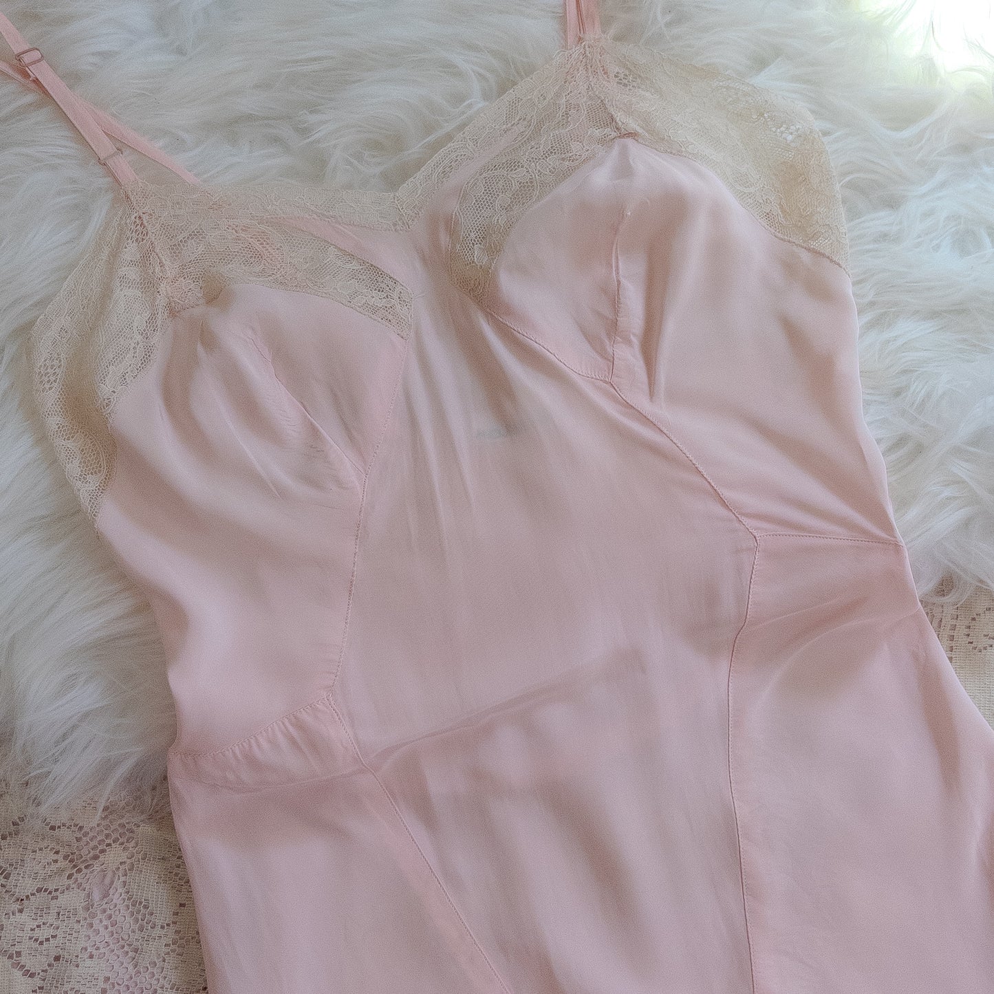 1940's Slip - Rose Pink Rayon with Diamond Insert & Nude Lace by Mojud, New with Tags | XXS, XS