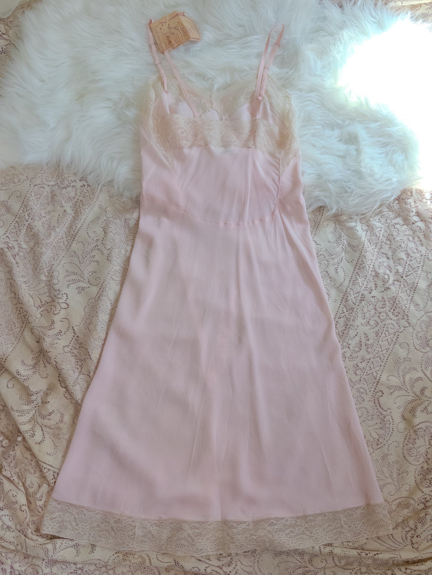 1940's Slip - Rose Pink Rayon with Diamond Insert & Nude Lace by Mojud, New with Tags | XXS, XS