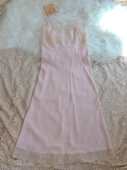 1940's Slip - Rose Pink Rayon with Diamond Insert & Nude Lace by Mojud, New with Tags | XXS, XS