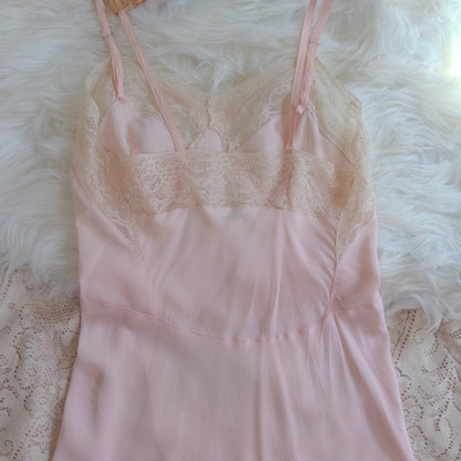 1940's Slip - Rose Pink Rayon with Diamond Insert & Nude Lace by Mojud, New with Tags | XXS, XS