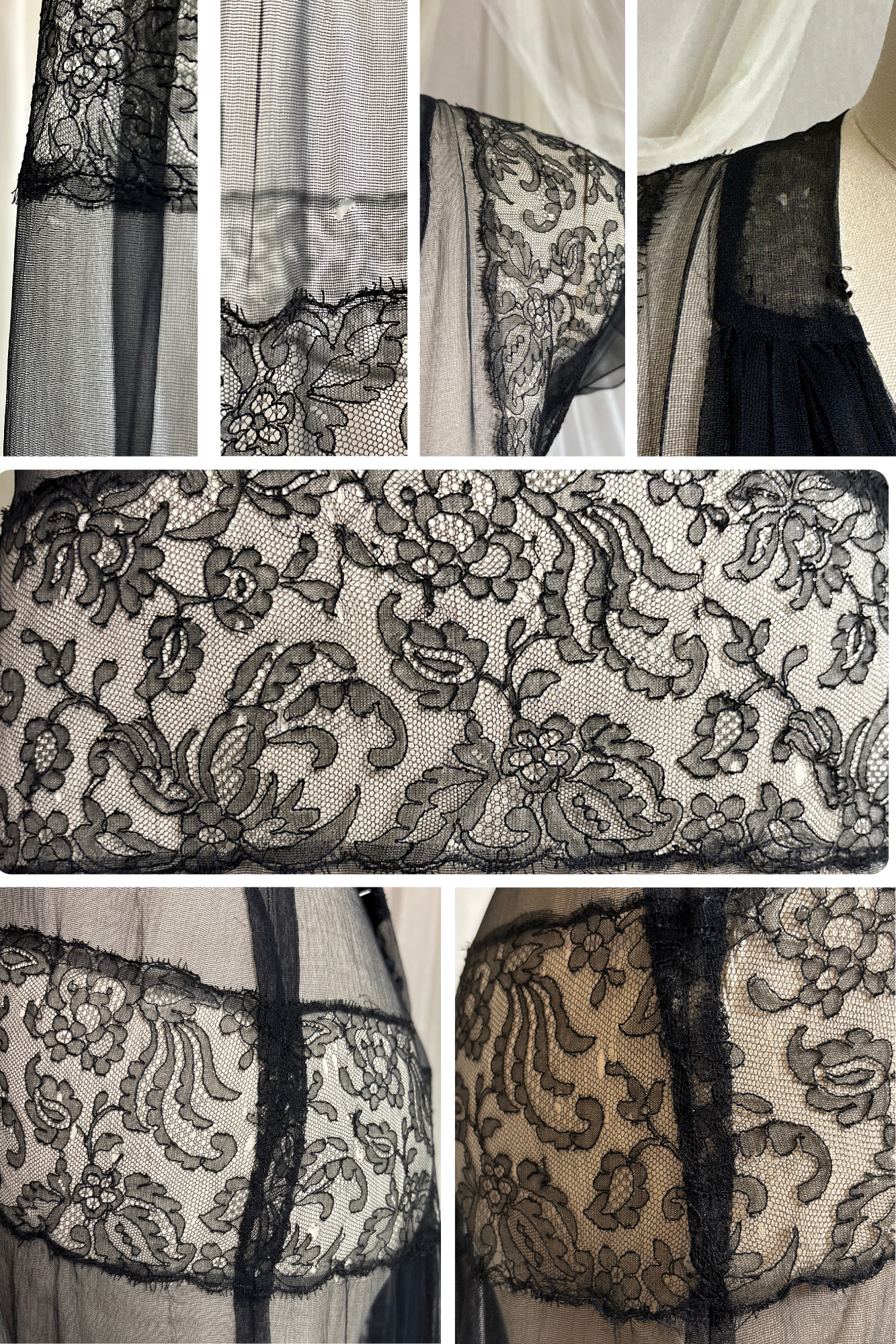 Vintage 1930's Evening Gown - Sheer Black Rayon Chiffon with Chantilly Lace with Open Back | M