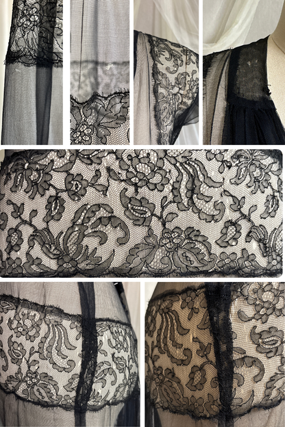 Vintage 1930's Evening Gown - Sheer Black Rayon Chiffon with Chantilly Lace with Open Back | M
