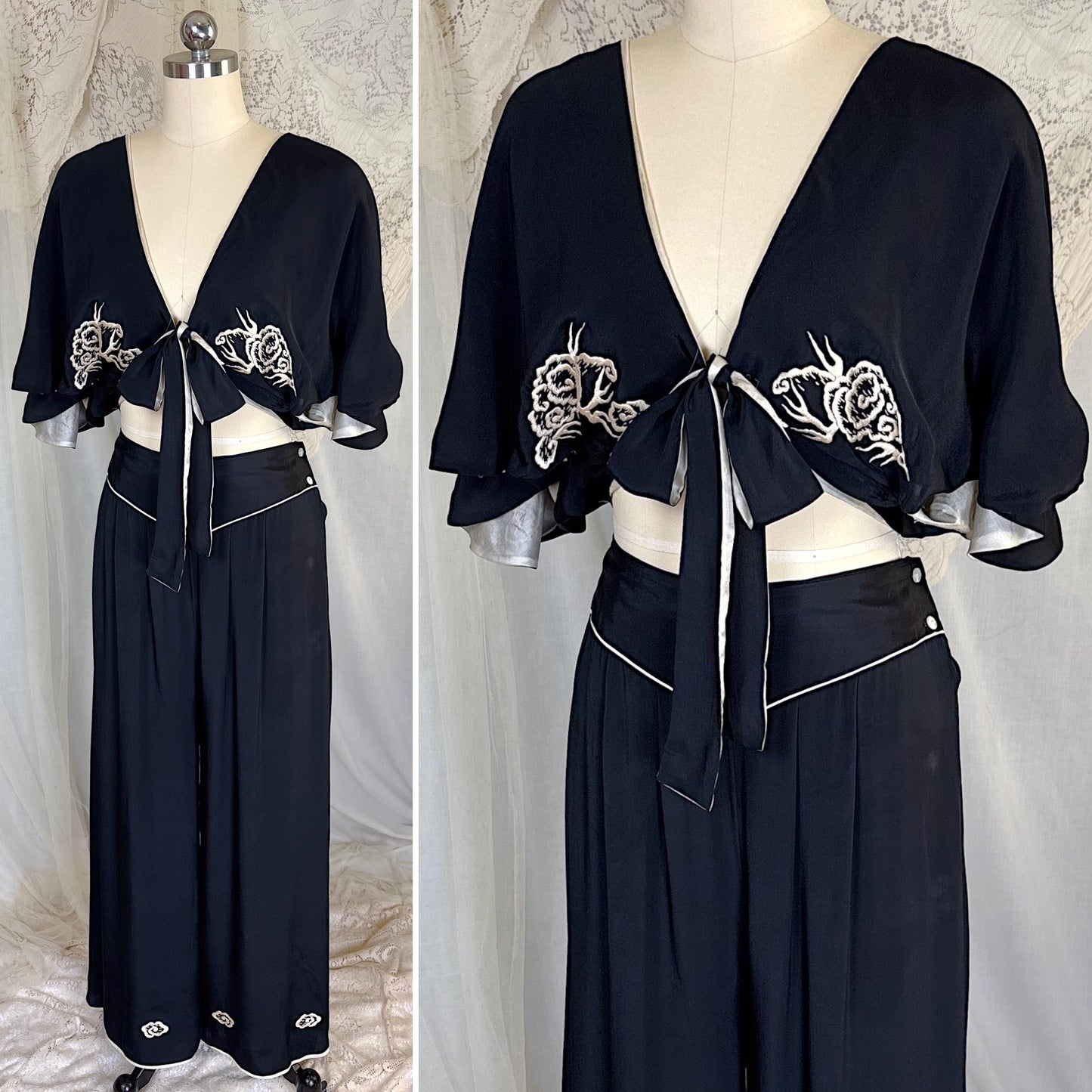 Antique 1920's Black & White Kimono Silk Lounge Set with Dragon Embroidery, size S, M