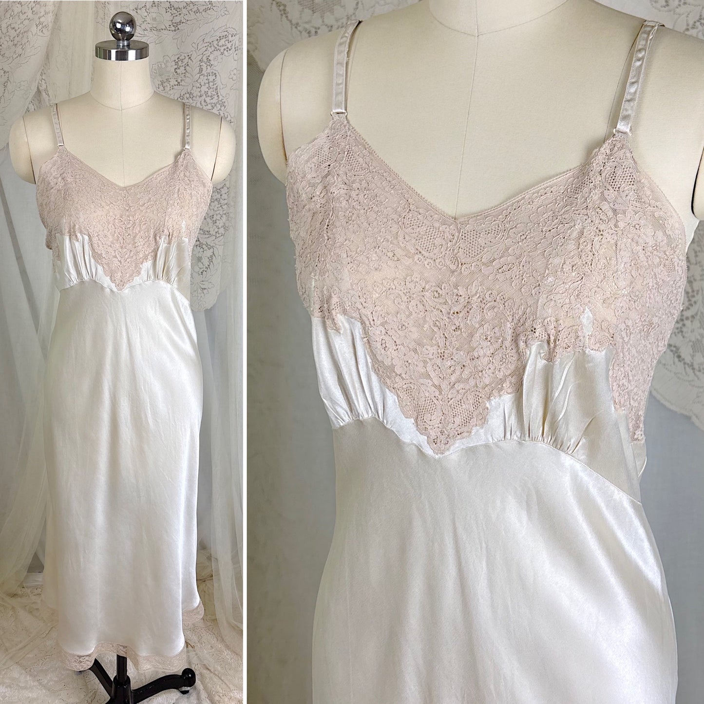 Vintage 1940's Golden Taupe Silk Satin Slip with Cotton Lace by Lady Lynn, Size M, LG