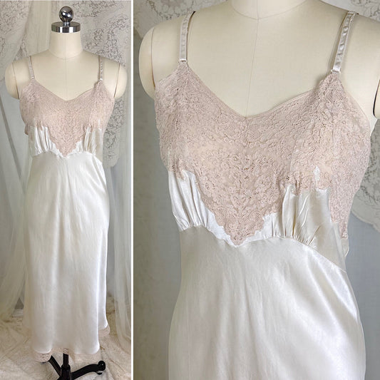 Vintage 1940's Golden Taupe Silk Satin Slip with Cotton Lace by Lady Lynn, Size M, LG