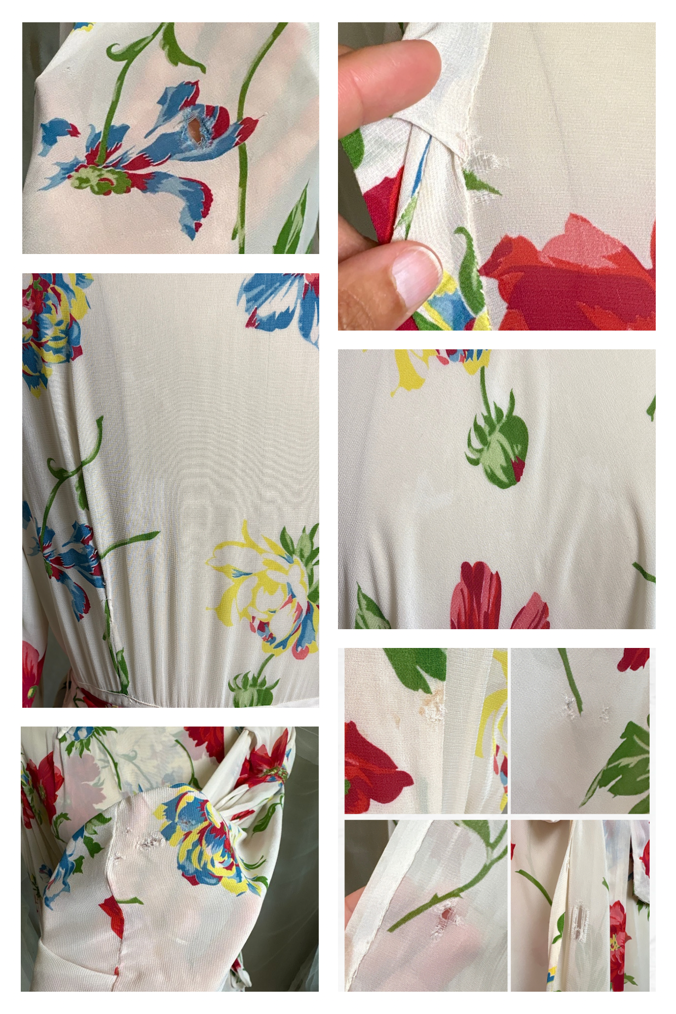 Vintage 1930's - 1940's Robe - Semi Sheer White Rayon Crepe with Bold Floral Print & Kimono Style Sleeves | XS, S, M