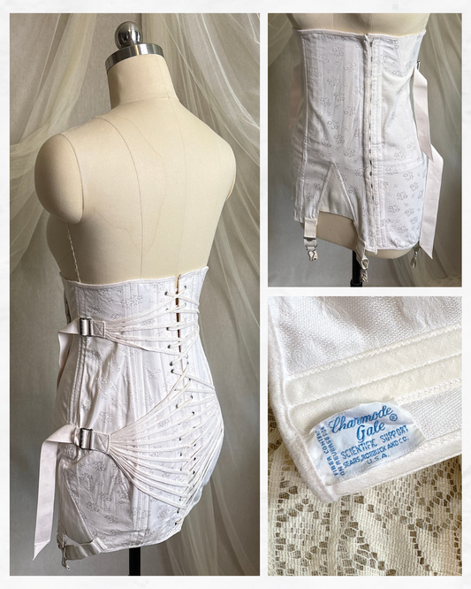 Vintage 1950's Double Fan Corset | Lightest Pink Cotton with Satin Brocade by Charmode | 30 W