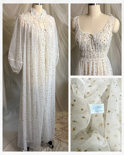 Vintage 1950's Nightgown & Peignoir Set - Sheer White Nylon Chiffon with Gold Stars by Carter's | XS, S