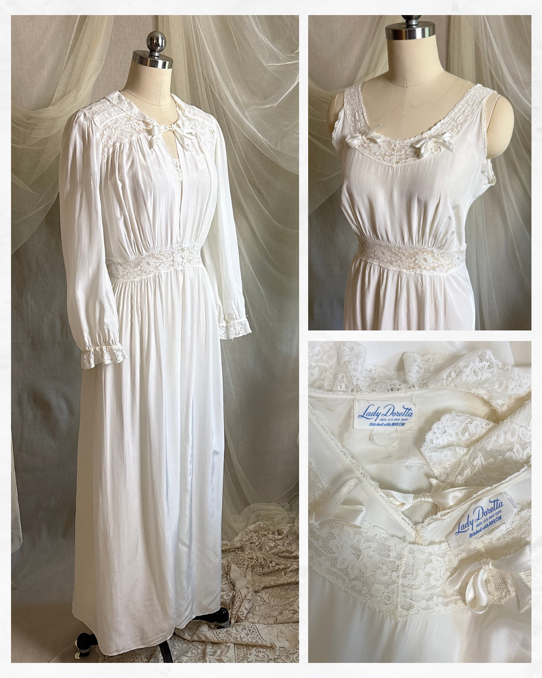 Vintage 1940's Nightgown & Peignoir Set - White Rayon with Cotton Lace by Lady Doretta | XS, S