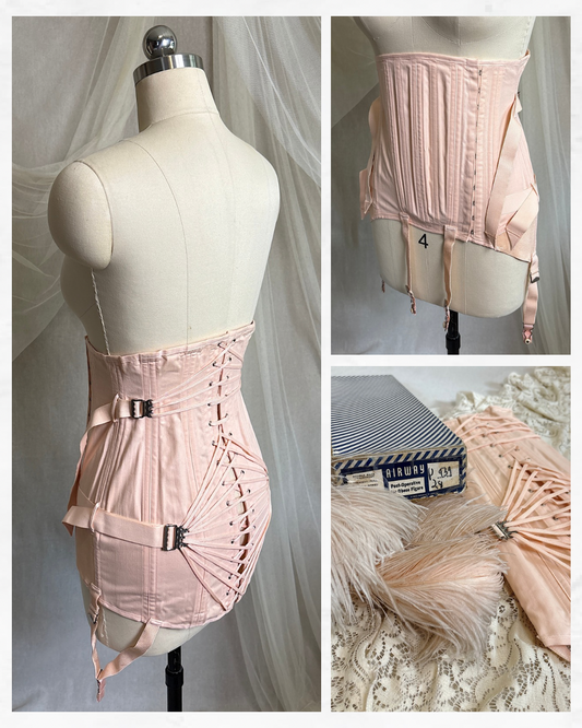 Vintage 1940's Double Fan Corset - Rich Shell Pink Rayon Blend by Airway, New with Original Box | 28 W