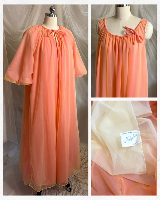 Vintage 1960's Nightgown & Peignoir Set - Multi-tone Tangerine Nylon Chiffon by Molyclaire | M, LG