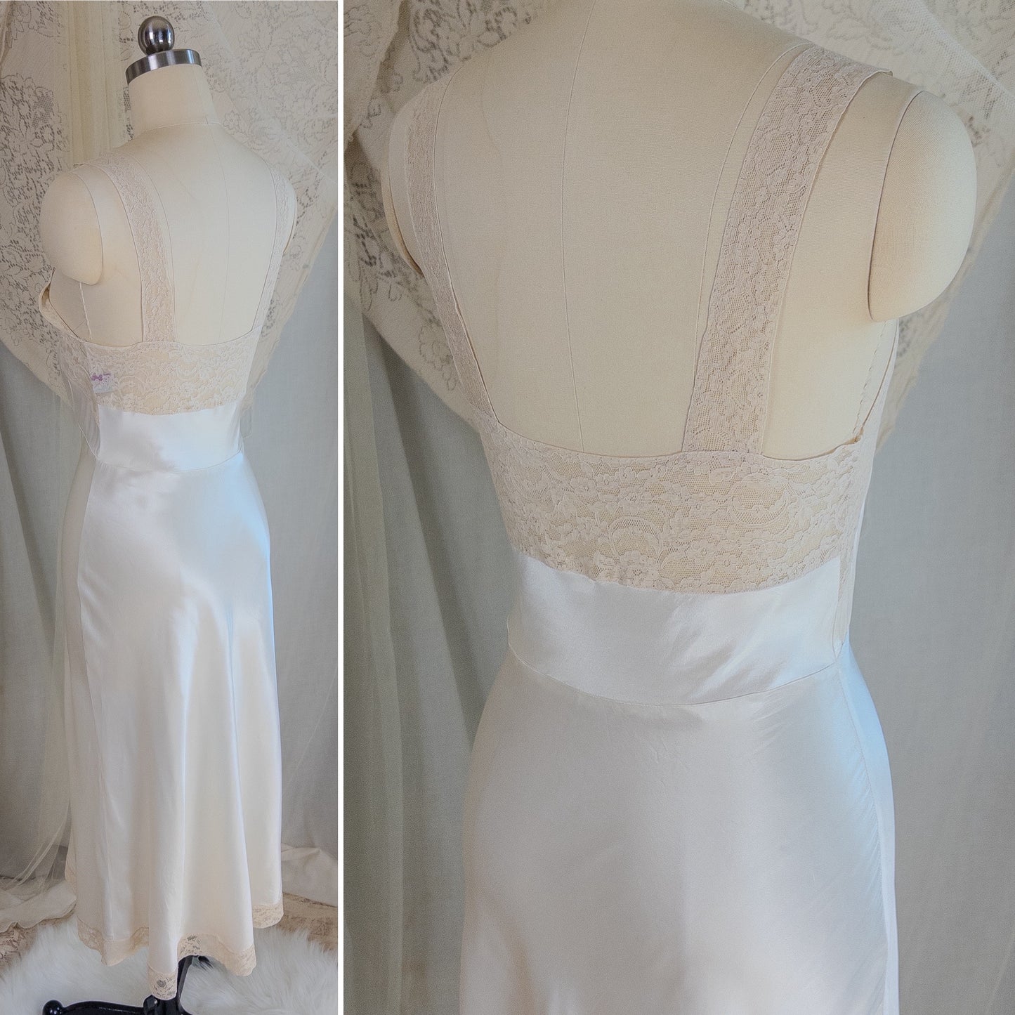 1940's Slip - Pearly White Rayon Satin with Ivory Cotton Lace by Fischer Heavenly Lingerie | XS