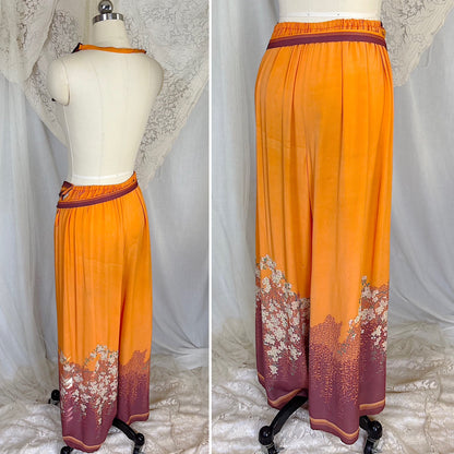 Antique 1920's Orange & Burgundy Silk Japanese Kimono Style Palazzo Lounge Pants with Matching Satchel, size S, M