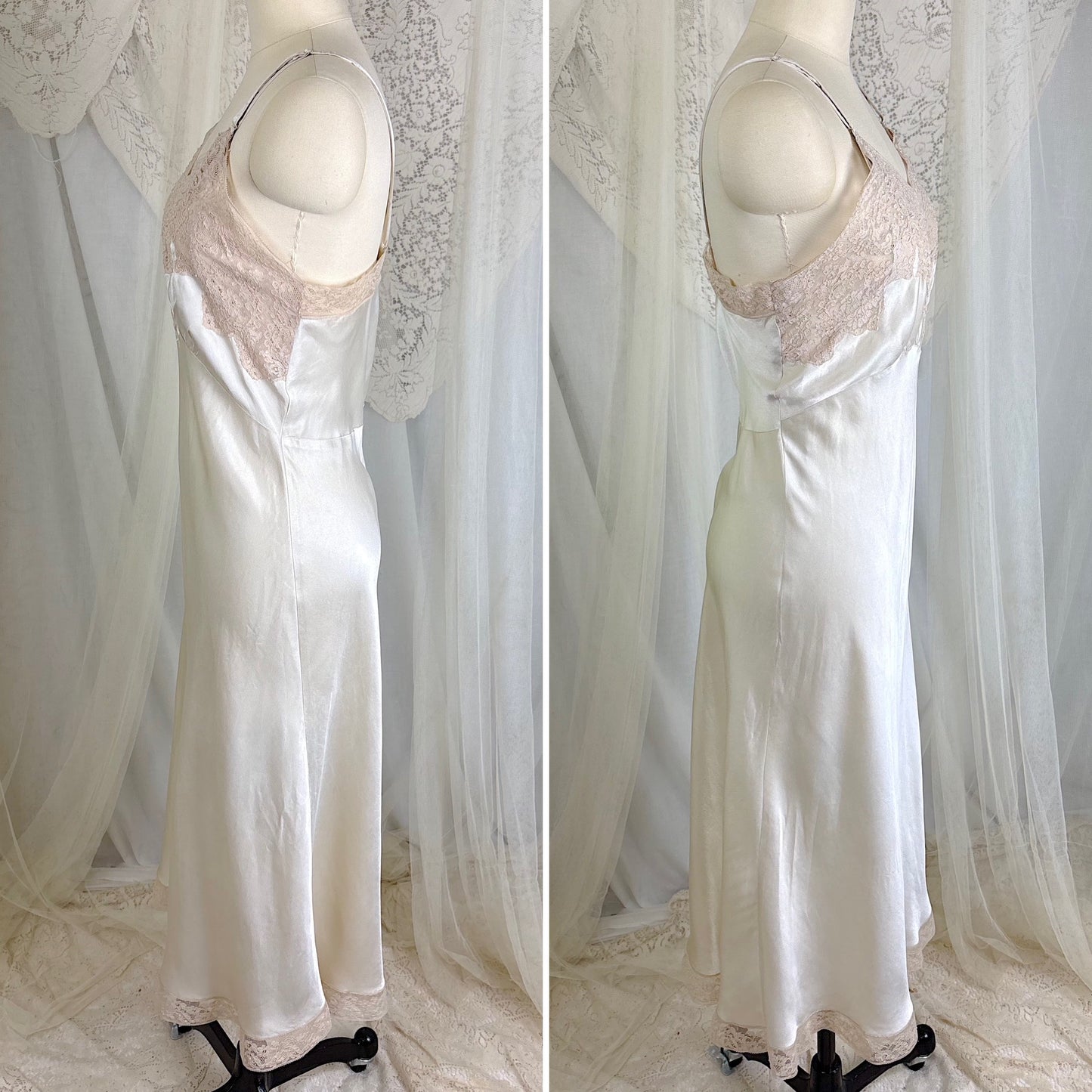 Vintage 1940's Golden Taupe Silk Satin Slip with Cotton Lace by Lady Lynn, Size M, LG