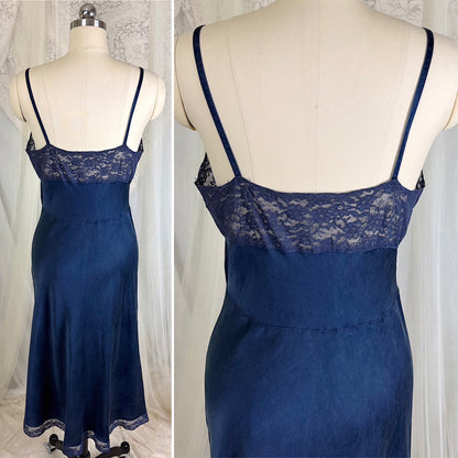 Vintage 1930's-1940's Deep Indigo blue Silk Satin Slip with Cotton Lace by Fischer's Heavenly, Size S, M