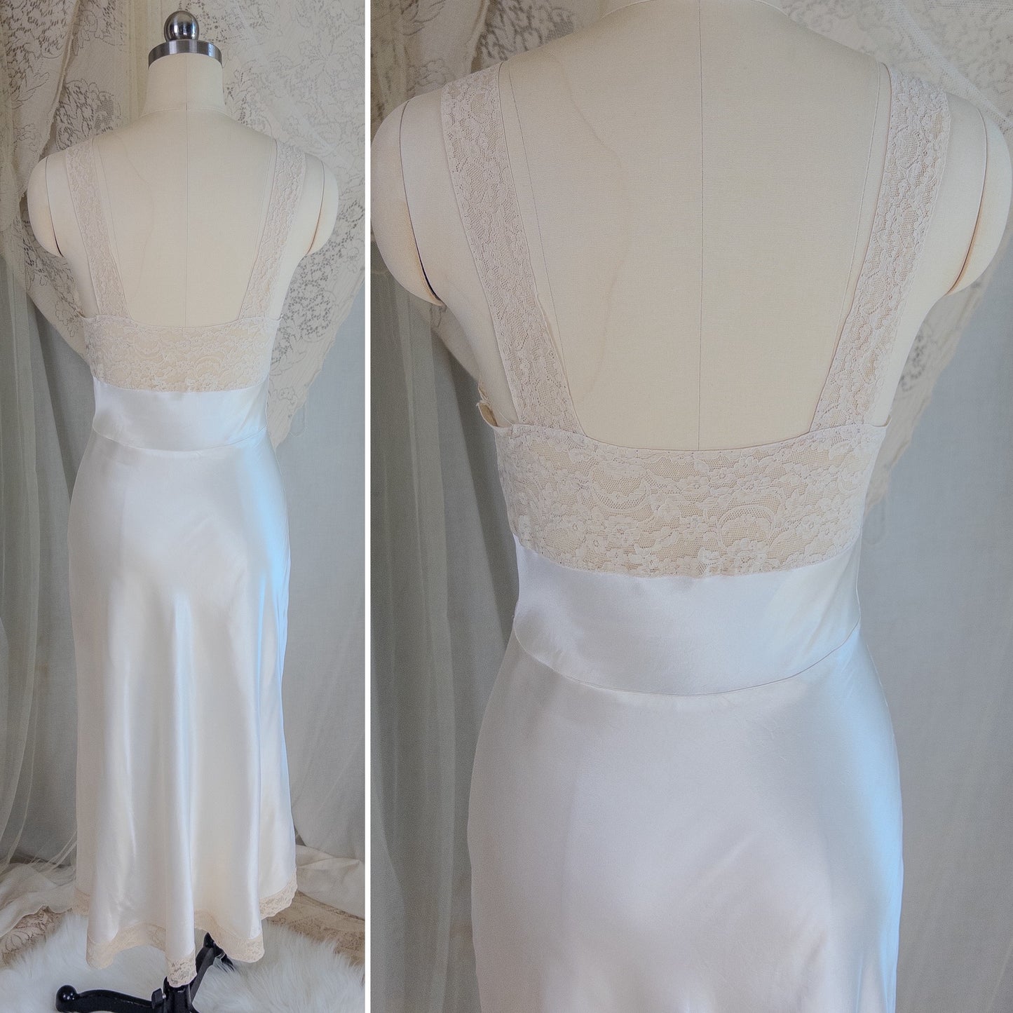 1940's Slip - Pearly White Rayon Satin with Ivory Cotton Lace by Fischer Heavenly Lingerie | XS