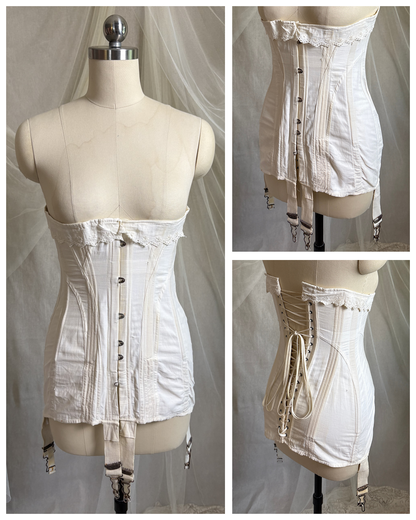 Antique 1910's S Bend Corset - Ivory Cotton Coutil with Ruffled Eyelet Cotton Frill by W.T. Sta-Bone