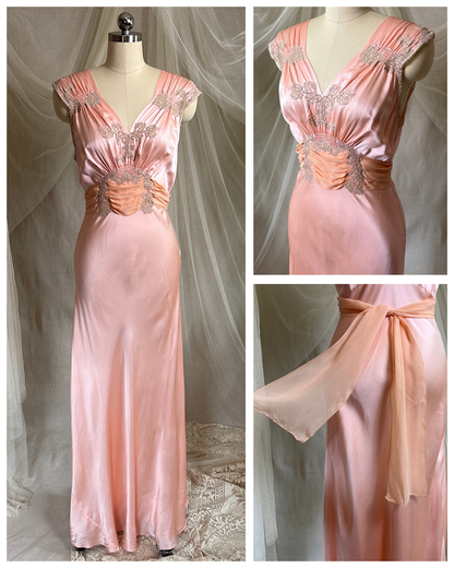 Vintage 1940's Nightgown - Rich Coral Pink Silk Satin with Chiffon Sash | S, M